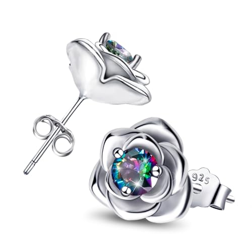 Rose Earrings for Women - Sterling Silver Earrings for Sensitive Ears Hypoallergenic Cubic Zirconia Flower Earrings Classic Lightweight Earrings for Ladies Gifts for Birthday for Mother Wife
