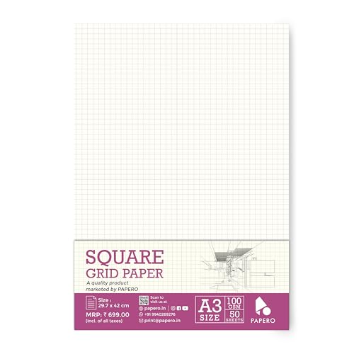 Image of PaperO A3 Loose Leaf Square Grid Paper | 100 GSM | 50 Sheets | (29.7 x 42 cm) | Ideal for Artists & Designers (A3-50 SHEETS)