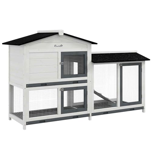 PawHut 62" Rabbit Hutch, Wooden Bunny Hutch, Guinea Pig Cage, Small Animal Enclosure with Run Area, Removable Tray, Asphalt Roof, Lockable Doors and Ramp, for Rabbits, Chickens, Ducks, White