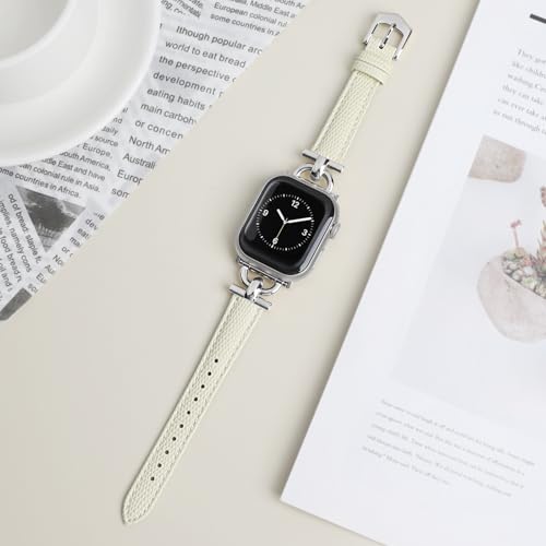 Image of Leather Band Compatible with Apple Watch Bands for Women, Dressy Fancy Strap for iWatch Series 11 /10 /9 /8 /7 /6 /5 /4 /3 /2 /1 /se(38mm 40mm 41mm 42mm,Milky White /Silver)