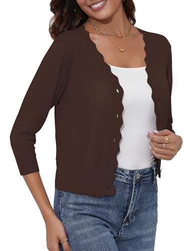 Image of Women's Cropped Cardigans 3 /4 Sleeve Button Down Lightweight Cardigan Sweaters Scalloped Edged Bolero Shrugs