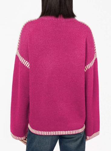 Image of Dokotoo Sweaters for Women Fashion Solid Crewneck Loose Fit Long Sleeve Contrast Cable Knit Pullover Sweater Jumper Tops