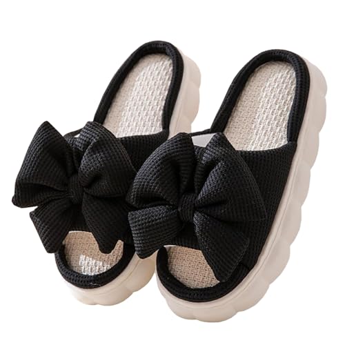 Gaolinci Bow Linen Slippers, Womens Thick-Soled Non-Slip Slippers