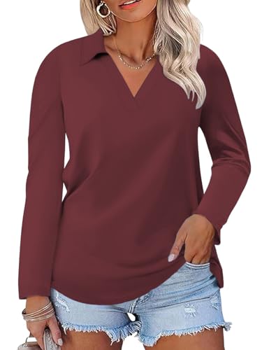 VISLILY Womens-Plus-Size-Tops Casual Collared V Neck Polo Shirts Flowy Long Sleeve Tunics Trendy Work Blouses XL-5XL