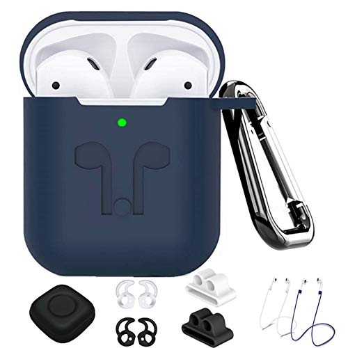 AirPods Case Compatible Apple Airpods 2&1, 9 in 1 Airpods Accessories Kits Protective Silicone Cover and Skin with Earpods Watch Band Holder/Ear Hook/Strap/Clip/Keychain/Grip[LED Visible]-Blue
