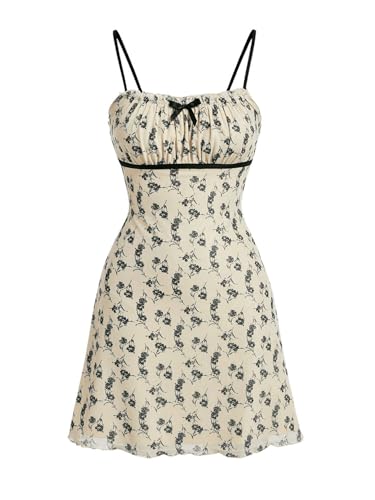 Verdusa Women's Ruched Bust Floral Mesh Wedding Guest Dress Bow Knot Short Cami Dresses Apricot Large