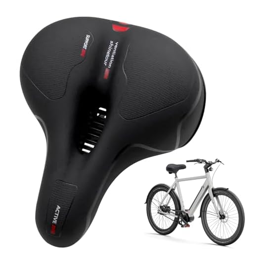 Sillín Bicicleta Muy Cómodo Hombre Mujer, Asiento Ancho con Amortiguador, Cuero Antideslizante en Panal y Canal de Ventilación para MTB, Urbana y Trekking, Negro Rojo