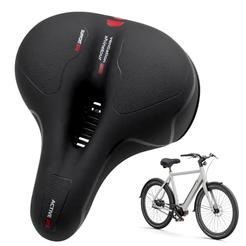 Sillín Bicicleta Muy Cómodo Hombre Mujer, Asiento Ancho con Amortiguador, Cuero Antideslizante en Panal y Canal de Ventilación para MTB, Urbana y Trekking, Negro Rojo