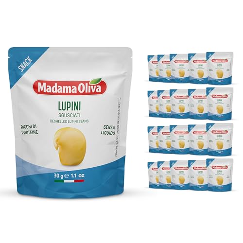 MADAMA OLIVA, Lupini Sgusciati, Ottimo Snack per Aperitivi, Ideale per le Insalate Miste e nelle Minestre, Senza Conservanti Aggiunti, 100% Made in Italy, Box da 20 Buste in Alluminio da 30 gr