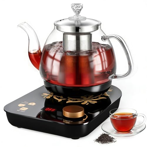 KaiPine Glass Electric Tea Kettle with Infuser Precise Temperature Control for Bedroom Tea Maker with Tea Infuser Gooseneck Spout 0.8L small Black coffee pot heated pot resistant