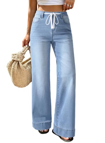 Image of Dokotoo Women Jeans High Waist Wide Leg Drawstring Denim Pants Iceland Blue