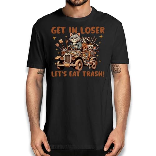 UR ANMEI Funny Raccoon Cat Mouse T-Shirt 'Get in Loser, Let's Eat Trash' Car Tee Black XXL