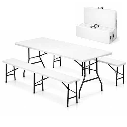 SAVWAY 6 Feet Picnic Table Set with 2 Benches, 6ft Folding Camping Table Chair Set for Indoor Outdoor Use, 3-Piece 6 ft Portable Folding Furniture with Handles, White