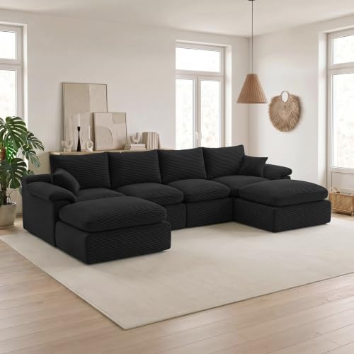 Image of 133 inch Cloud Sectional Couch, Boneless Couches for Living Room, Black | U shaped, Modular Sectional Sofa with Deep Seat & Convertible Ottoman, Built for Family Life, Apartments & Living Rooms