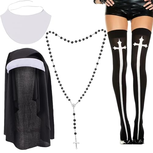 QIZHIQIAMY Nonnen Kostüm 4 Stück Nonnenkostüm Halloween Nonnen Costume Nonnenhaube, Halskette und Strümpfe für Damen Halloween Cosplay Nonne...
