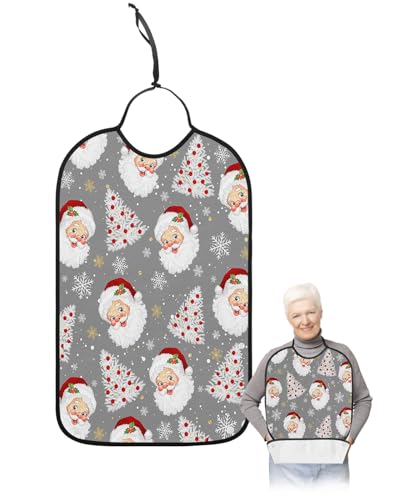 Adult Bibs for Elderly Women - Grey Santa Christmas Waterproof Dining Clothing Protectors with Crumb Catcher for Eating/Feeding, Gray Xmas Tree Winter Snowflake Terry Cloth Bib Machine Washable