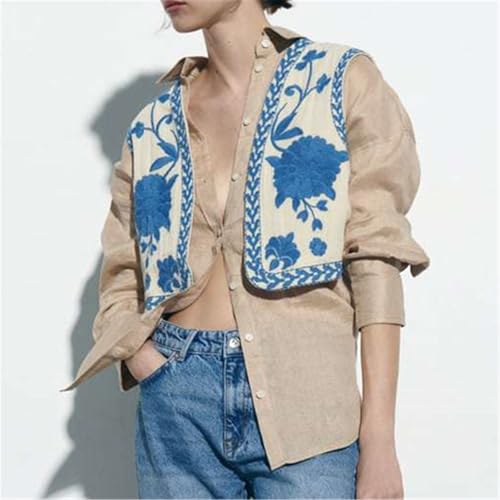 Image of Women Vintage Floral Embroidered Vest Y2K Sleeveless Open Front Cardigan Boho Linen Cropped Waistcoat