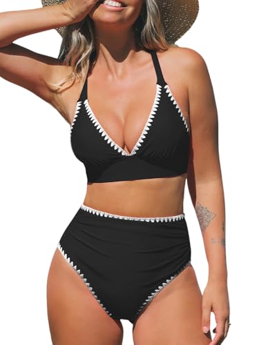 CUPSHE Women's Bikini Sets High Waisted Swimsuit Deep V Neck Crisscross Back Tie Stitching Ruched Full Coverage Black M