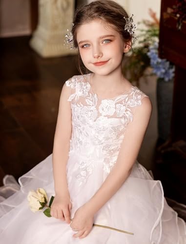 Lace Applique Flower Girl Dresses for Wedding Tulle Ruffles Princess Pageant Ball Gown Sleeveless First Communion Dress3