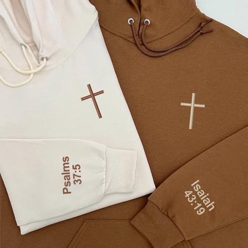 Custom Bible Verse On The Sleeve Cross Hoodie, Personalized Embroidered Cross Sweatshirt, Custom Embroidered Sweater for Couples, Personalized Dad, Mom Gift, Gift For Him, Gift For Her Multi3