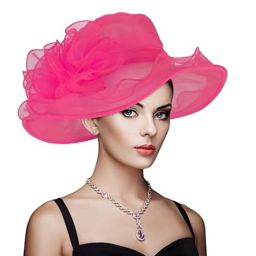 SHUIMUHUABEN 2025 Derby Hats Womens Organza Church Fascinator Bridal Tea Party Wedding Hat Hot Pink