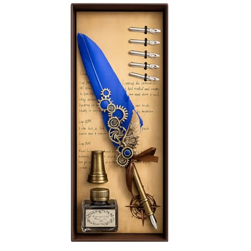 Caneta Mágica Estilo Antigo – Kit Pena Tinteiro Vintage com Tinta e 5 Pontas – Presente Criativo e Luxuoso Com Engrenagem Medieval FS (AZUL)