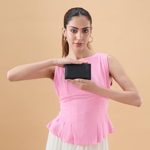 Image of Caprese Monique Small Textured Bifold Wallet for Women | Compact Handheld Purse with 6 Card Holder Slots | Slim Designer Wallet with Secure Snap Button & Zippered Coin Pocket (Black)