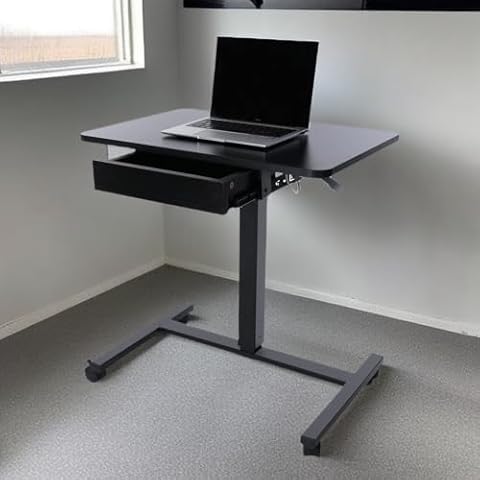CLATINA Height Adjustable Mobile Laptop Desk Cart with Drawer - Versatile Rolling Workstation Table for Office, Home, and Study Room - Ergonomic Standing Desk with Lockable Wheels 28" x 19" Black… Cover