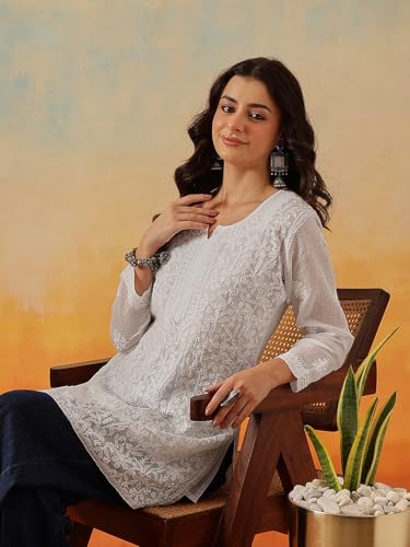 Image of Ada Women's Cotton Blend Regular Fit Tunic Hand Embroidered Lucknowi Chikankari Kota Western Top Kurti With Slip A911184