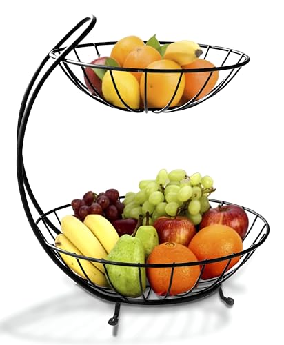 Image of Homeor 2-Tier Fruit & Vegetable Basket for Dining Table, Centre Table I Metal Fruit Bowl or Bread Basket Vegetables Storage Organizer Holder I Multi-Purpose Basket for Kitchen & Home, Black
