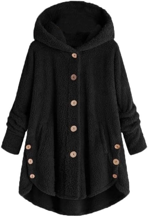 Bengbobar Women's Winter Warm Sherpa Lined Jackets Plus Size Hooded Faux Suede Long Sleeve Horn Buckle Coats with Pockets