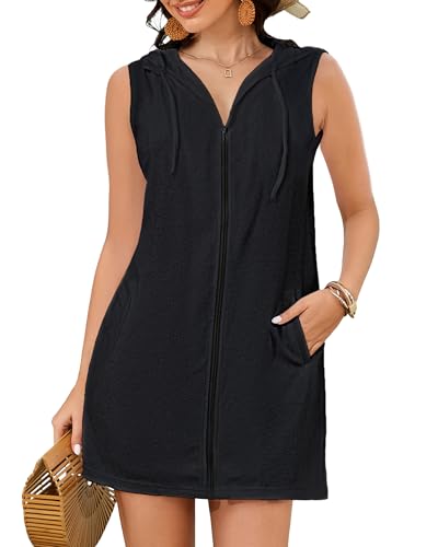 Bsubseach Terry Cloth Cover Up - Women Hooded Swimsuit Coverup Zipper Beach Coverups Sleeveless Swim Robes with Pockets Black L