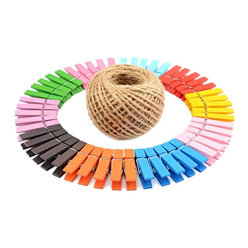 Mini Natural Wooden Clothespins Photo Paper Peg Pin Craft Clips with Natural Twine
