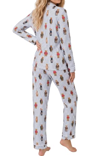 Image of LUBOT Christmas Pajamas for Women 100% Cotton Pajama 2 Piece PJ Set Soft Long Sleeve Button Xmas Print Loungewear XS-XXL