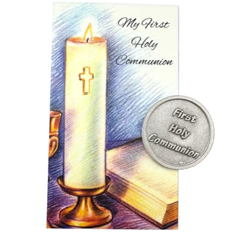 Image of Westmon Works First Communion Pocket Token Set Italian Metal Prayer Trinket with Catholic Made in the USA Holy Card