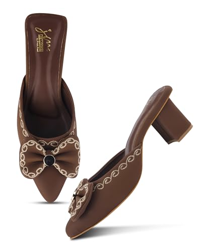 Image of JM LOOKS Elegant Pointed Toe Block Heel Mules Featuring Sophisticated Bow Detail and Ornate Textured Embroidery