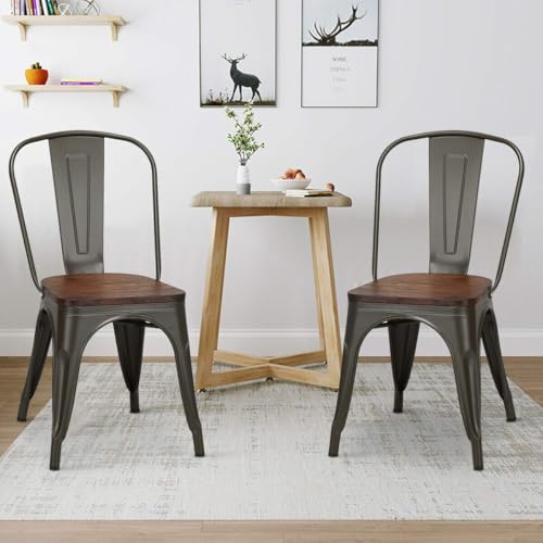 Image of COSTWAY Stackable Metal Dining Chairs Set of 4 with Wood Seat and High Back | Gun Color, Industrial Vintage Style, Elm Wood Seat Board, 18 Inch, for Dining Room, Kitchen, Bar, Cafe, Bistro, Restaurant