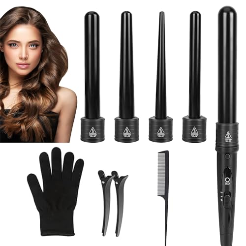 Rizador de Cabello, 5 en 1 Ferro para el Cabello con Temperatura Ajustable, Rizador de Pelo Cerámica con Guantes, Calienta Rápidamente, Juego de Pinzas Rizadoras para Cabello, Herramientas para Cabello para Mujer Cabello Largo / Corto y Regalo - Negro