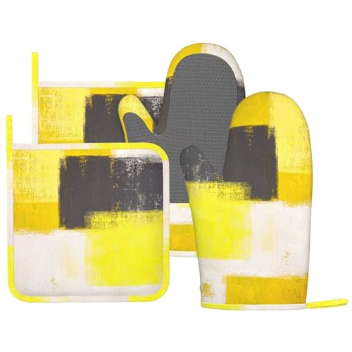 MIFSOIAVV Abstract Art Grey and Yellow Oven Mitts and Pot Holders Sets Silicone Kitchen Mitts Grey Yellow Potholders Heat Resistant 4Pcs Oven Gloves Hot Pads for Kitchen Baking Cooking BBQ Grilling