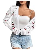 GORGLITTER Women's Cherry Cardigan Trendy Crochet Tops Button Up Lightweight Spring Fashion Outfits White Small