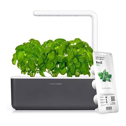 Click & Grow Indoor Herb Garden Kit with Grow Light | Smart Garden for Home Kitchen Windowsill | Easier Than Hydroponics Growing System | Vegetable Gardening Starter (3 Basil Pods Included), Grey Cover