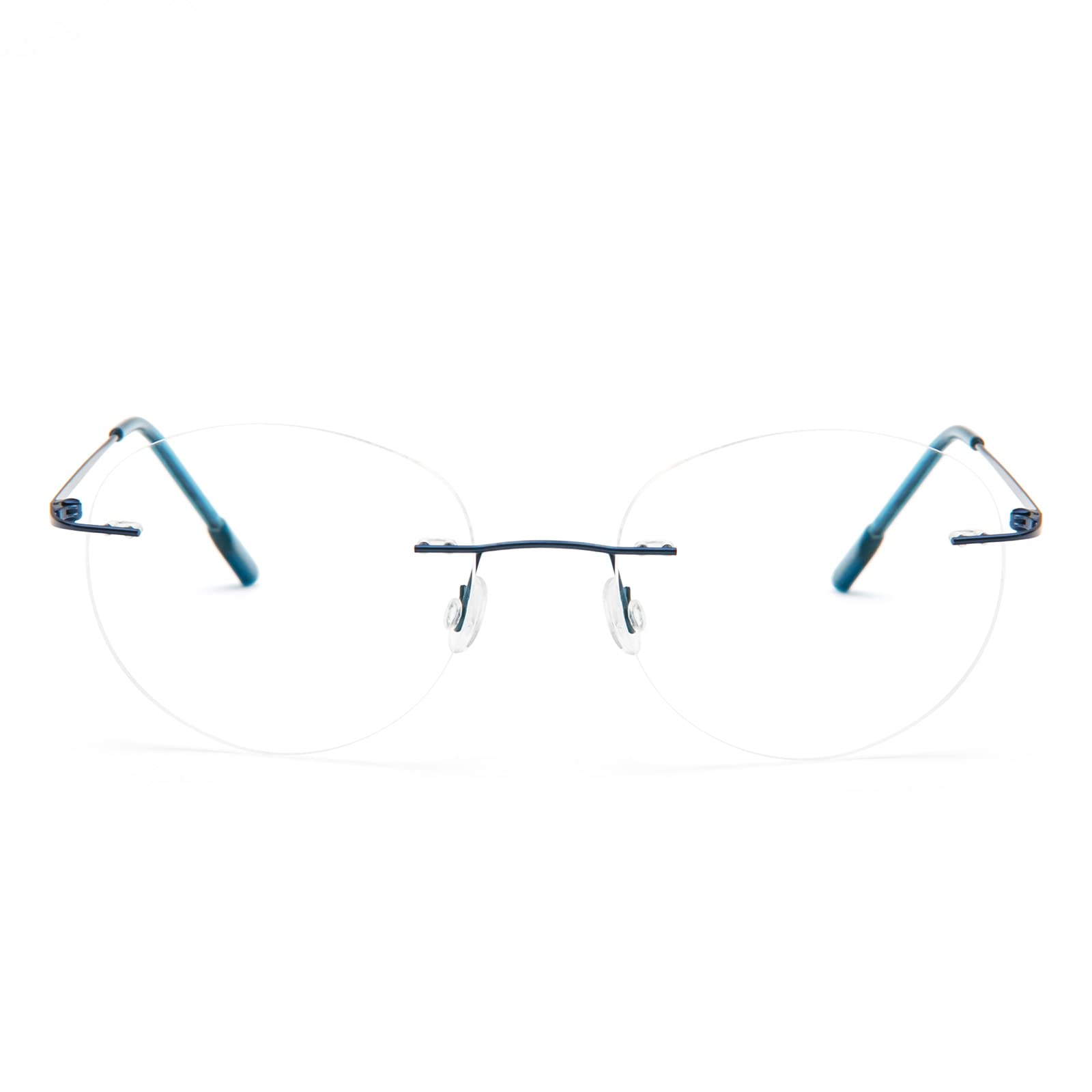 MMOWW Circular Gafas de lectura sin Marco Gafas Aleación Titanio Ultraligeras Para Hombres y Mujeres, Gafas de Computadora de Ayuda con lente de Resina (Azul, +2.0)