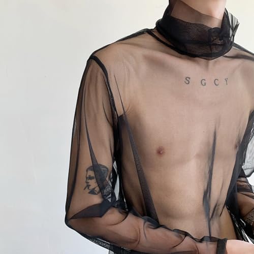 Camisetas modernas de cuello alto transparente de manga larga para hombre para estilo de vida nocturna (M negro)