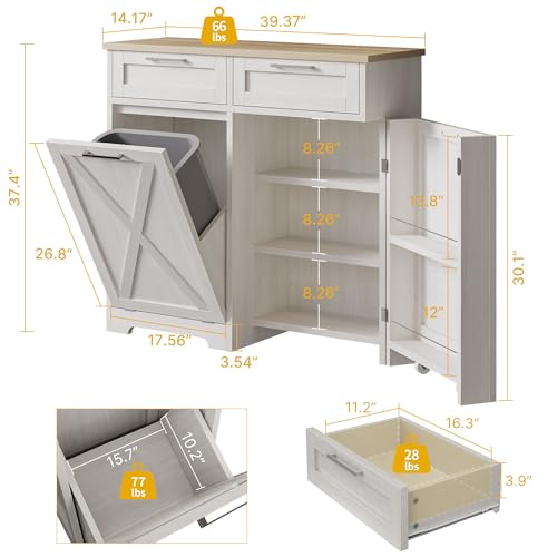 DWVO Tilt Out Trash Can Cabinet, 10 Gallon Kitchen Garbage Cabinet with 2 Drawers & Adjustable Shelves, Trash Bin Cabinets for Kitchen Living Room, Off White