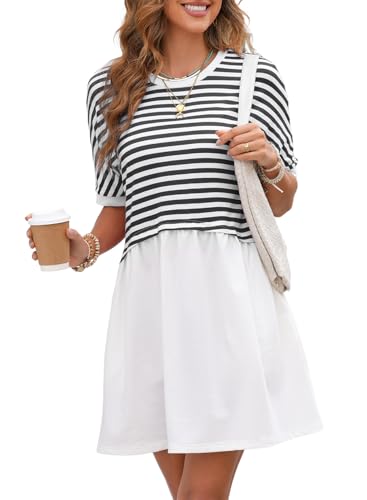 Image of Acelitt Women Casual Summer Short Sleeve Crewneck Striped Dresses Loose Tshirt Dress,S-2XL