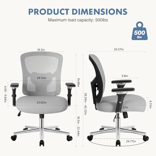 Image of DUMOS Big and Tall Office Desk Chair with Lumbar Support, 500lbs Heavy Duty Mesh Ergonomic Computer Chair with 4D Armrest and Wide Comfy Seat, Swivel Wheels for Adult, Grey