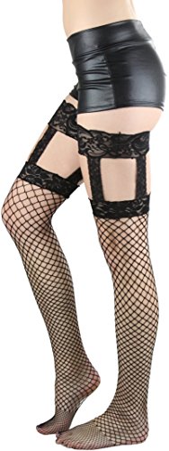 Image of ToBeInStyle Women's Wide Floral Lace Fishnet Thigh Hi Stockings