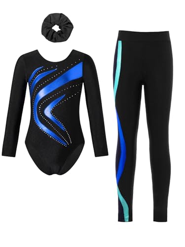 Ensemble de gymnastique filles maillot patinage artistique bleu royal avec leggings 13-14 ans