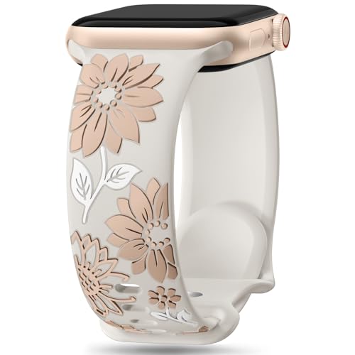 Witzon Floral Silicone Band Compatible with Apple Watch Bands for Women 40mm 41mm 42mm 38mm 44mm 45mm 46mm 49mm, Cute Engraved Strap Sport Soft Accessories for iWatch Series 11 10 9 8 7 6 5 4 SE Ultra