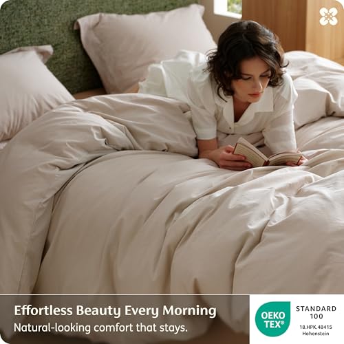 Image of Bedsure 100% Washed Cotton Duvet Cover Queen Size - Linen Color Minimalist Bedding Set Linen Like - PureWoven Plain Simple & Soft Comforter Cover for All Seasons (Queen, 90 inchx90 inch)
